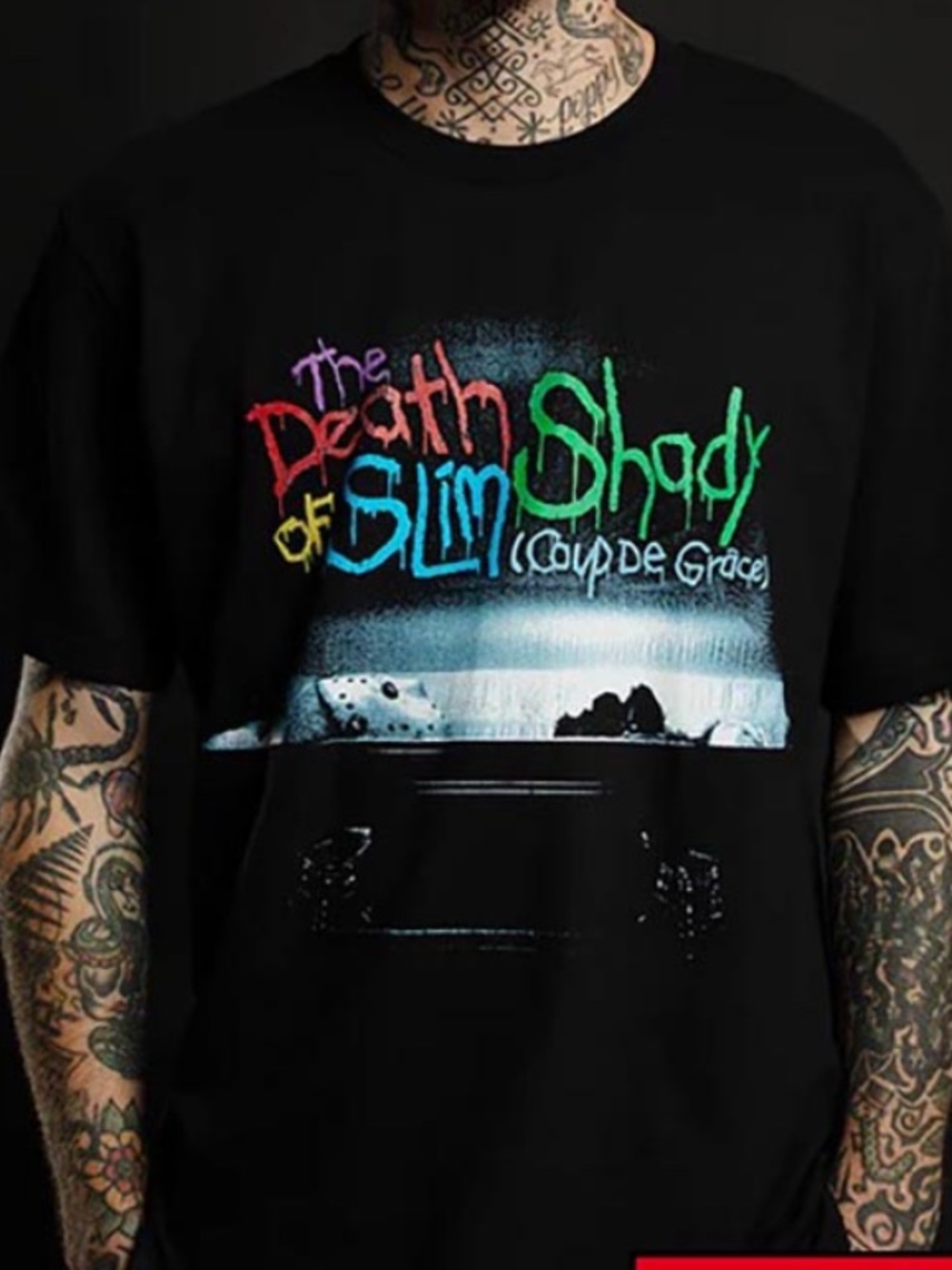 Black Short-Sleeve Graphic Tee with Colorful 'The Death of Slim Shady' Print